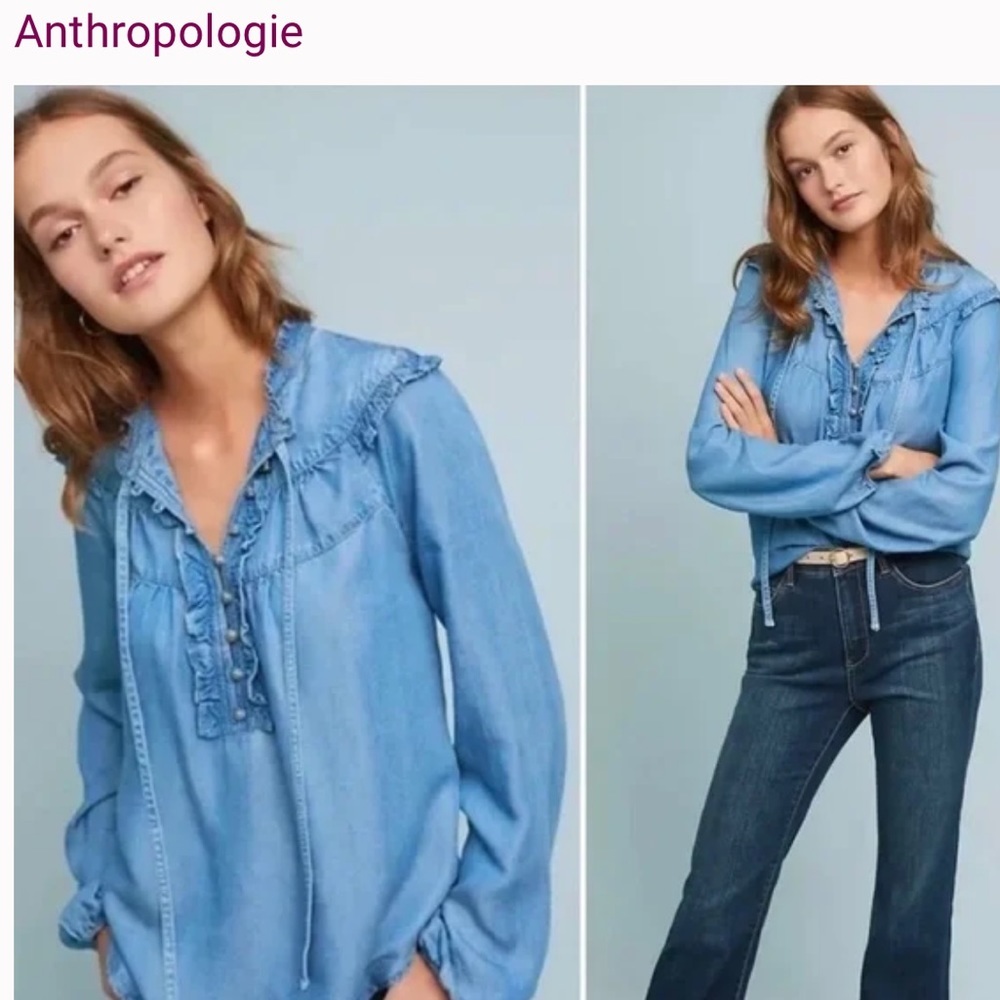 Anthropologie Maeve Chambray Ruffle Long Sleeve Top Size small
